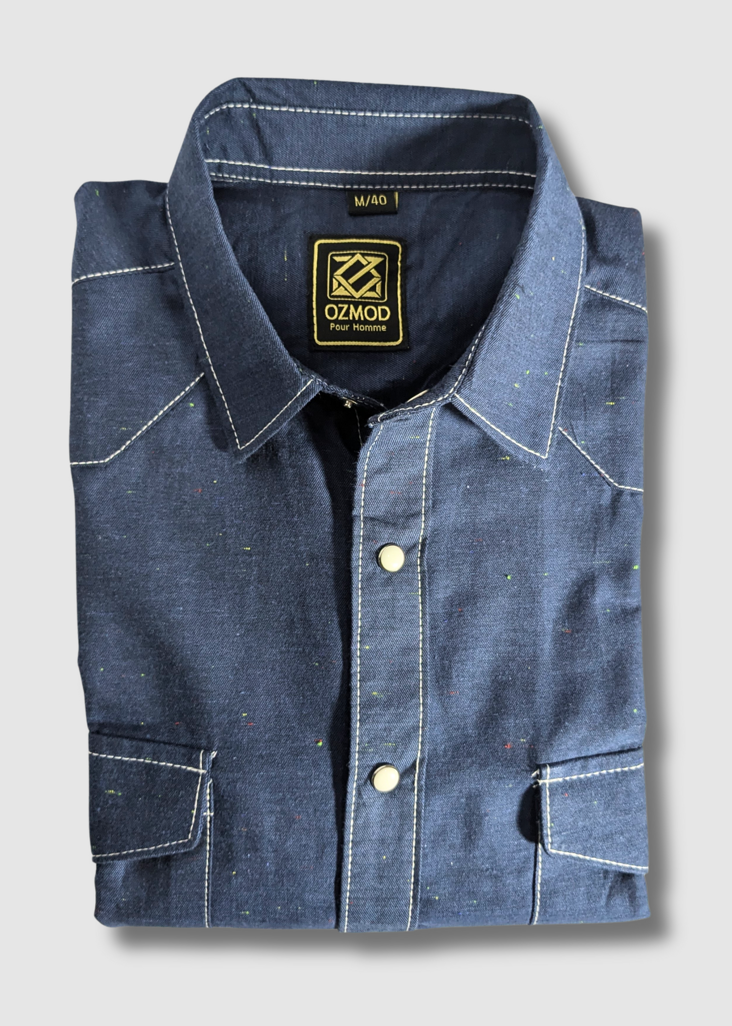 Men's Blue Western Shirt in Twill Cotton with Western Yoke