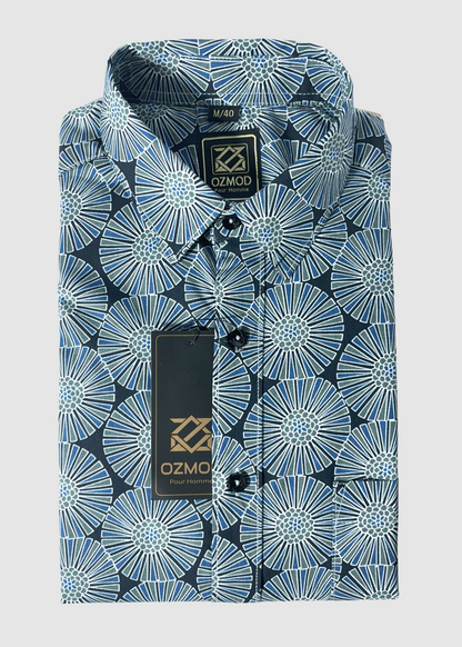 Blue Tapered Shirt in Printed Cotton with Single Pocket