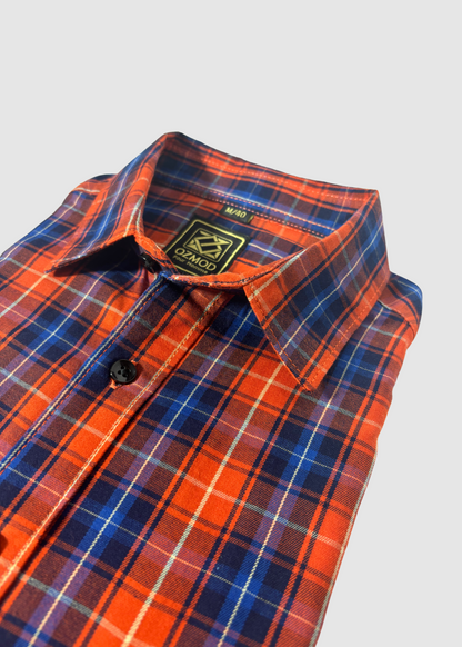 Orange Tapered Shirt in Checks Cotton with Single Pocket