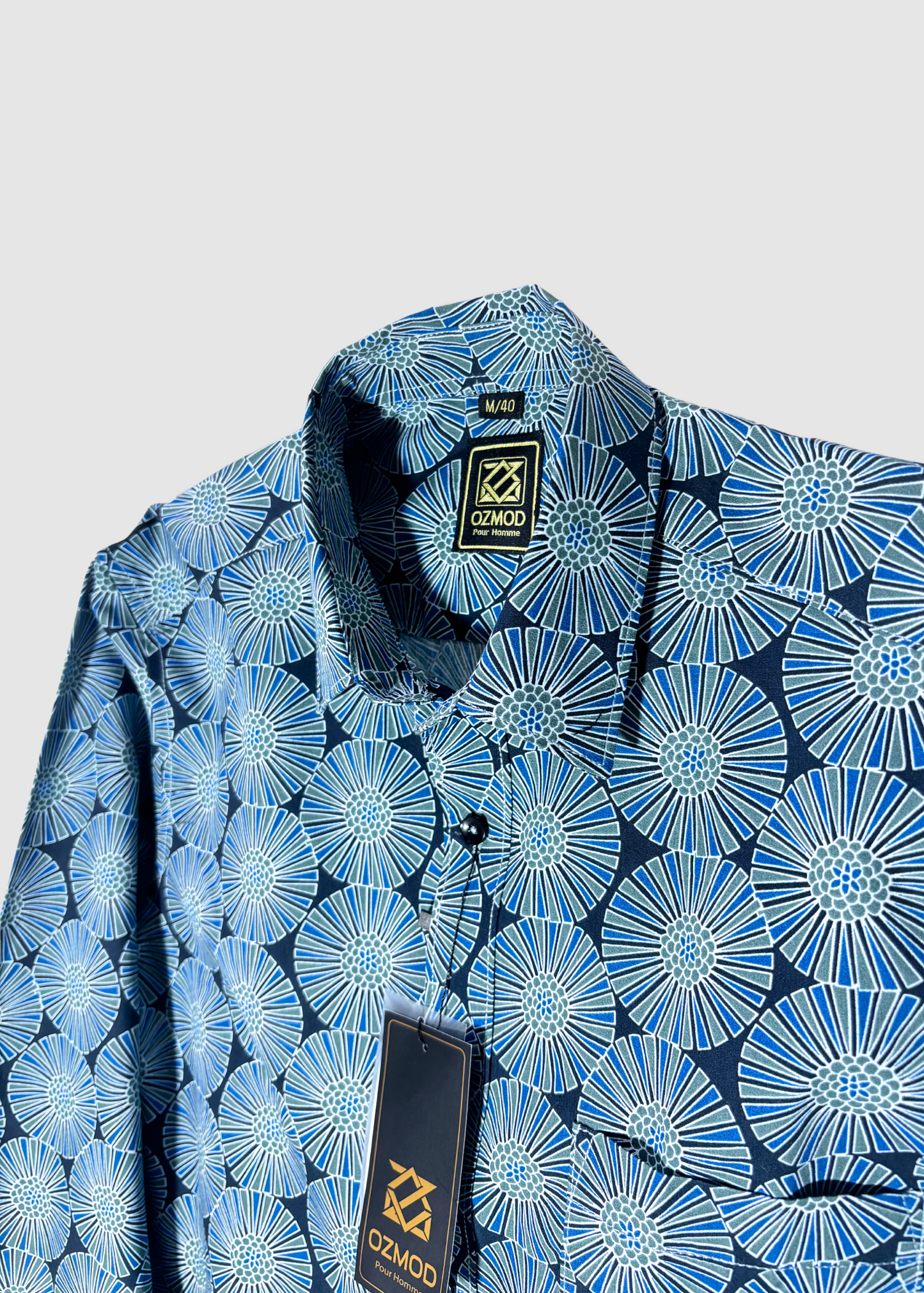 Blue Tapered Shirt in Printed Cotton with Single Pocket