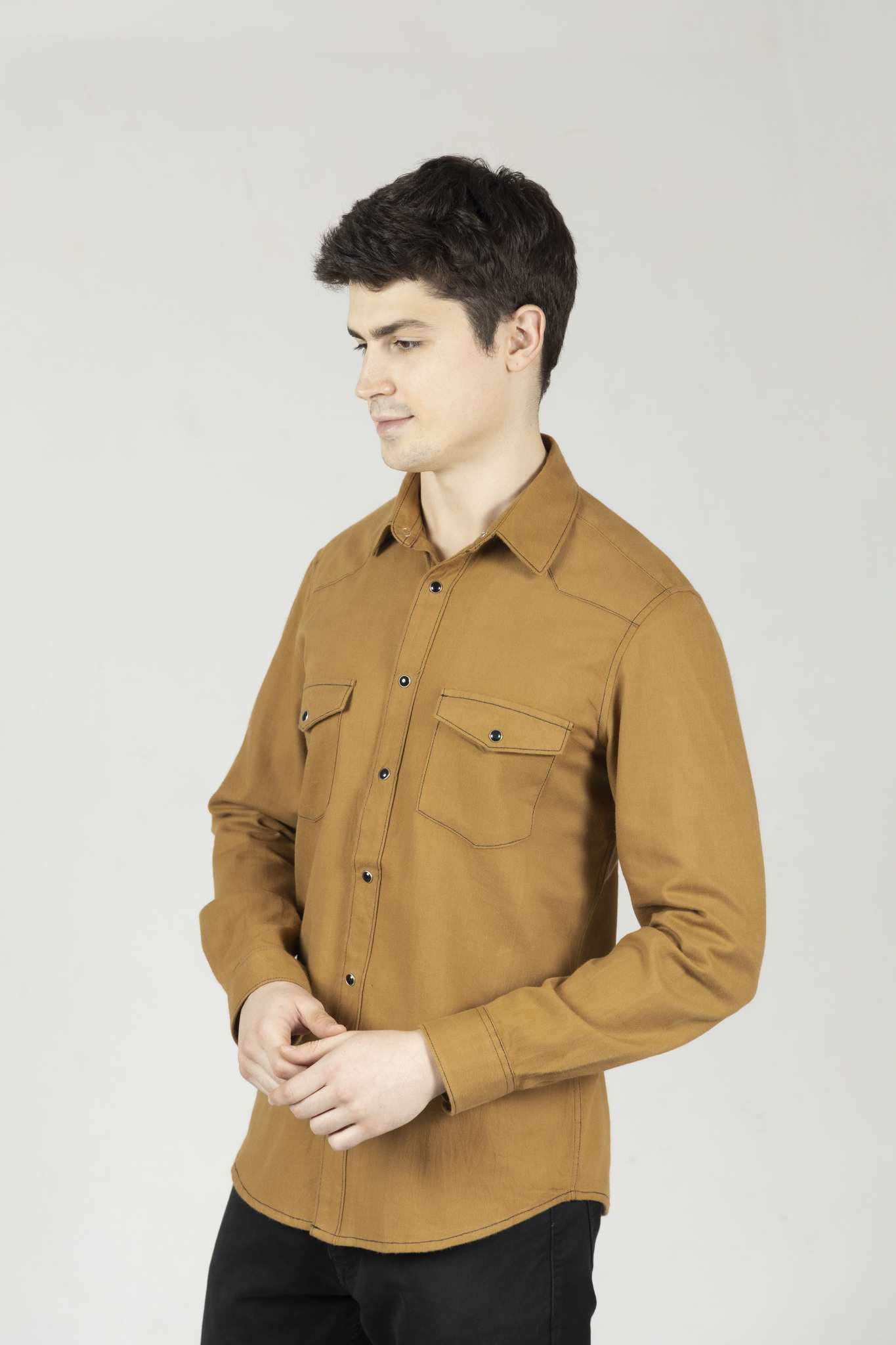 Men's Tan Colour Western Shirt in Twill Cotton with Western Yoke - OZMOD