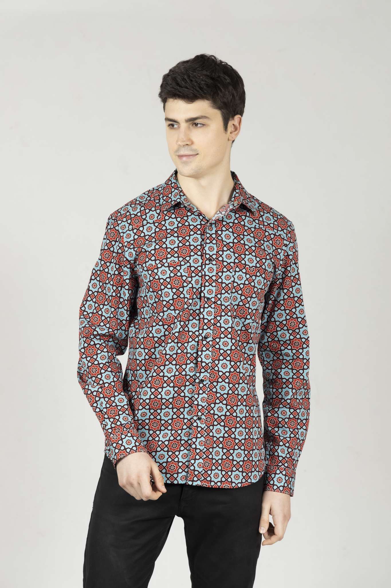 Turquoise Mens Western Shirt in Printed Cotton with Western Yoke - OZMOD