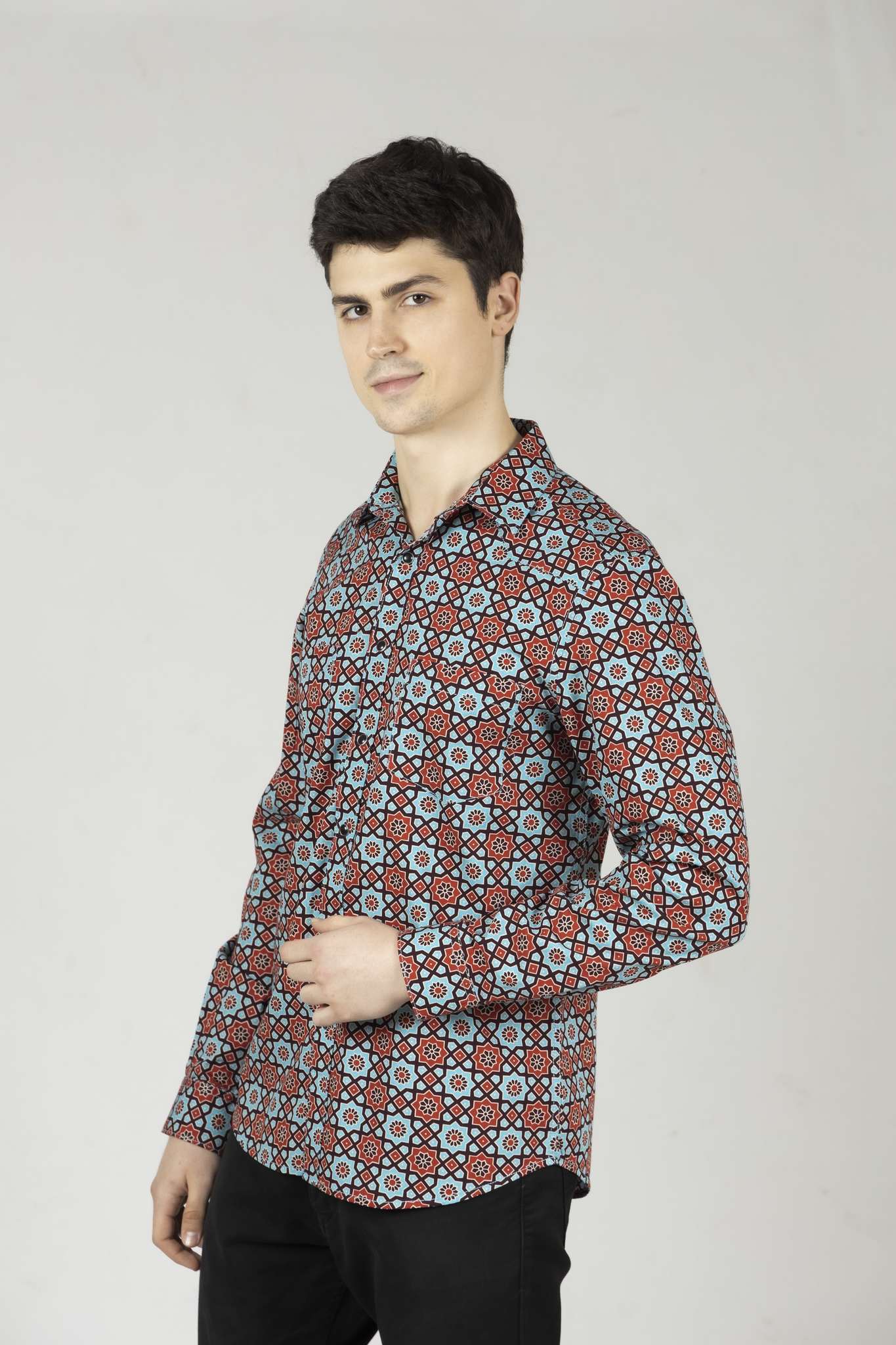 Turquoise Mens Western Shirt in Printed Cotton with Western Yoke - OZMOD