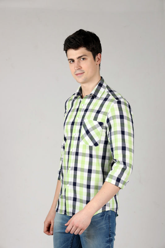 Green Checks Men Shirt in Cotton with Single Pockets - OZMOD