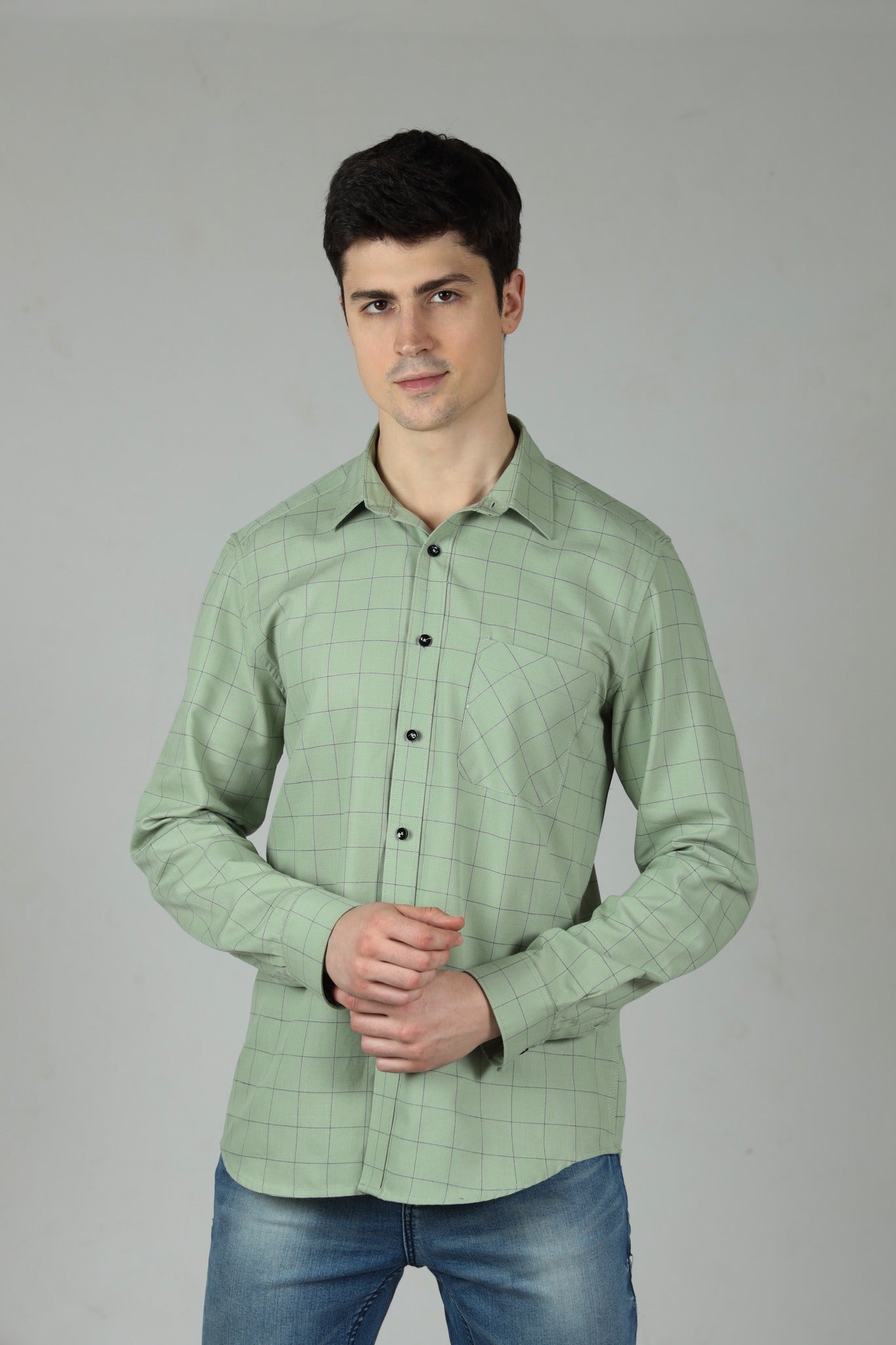 Green Pin Checks Shirt in Cotton with Single Pocket - OZMOD