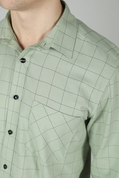 Green Pin Checks Shirt in Cotton with Single Pocket - OZMOD