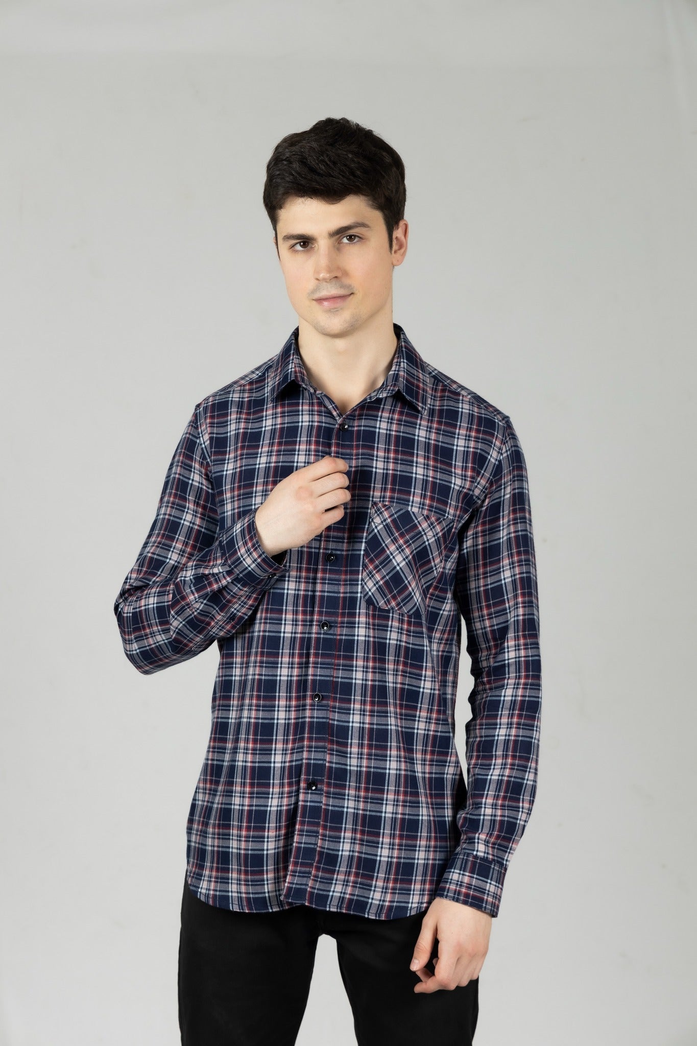 Navy Pink Checks Shirt in Cotton with Single Pocket - OZMOD