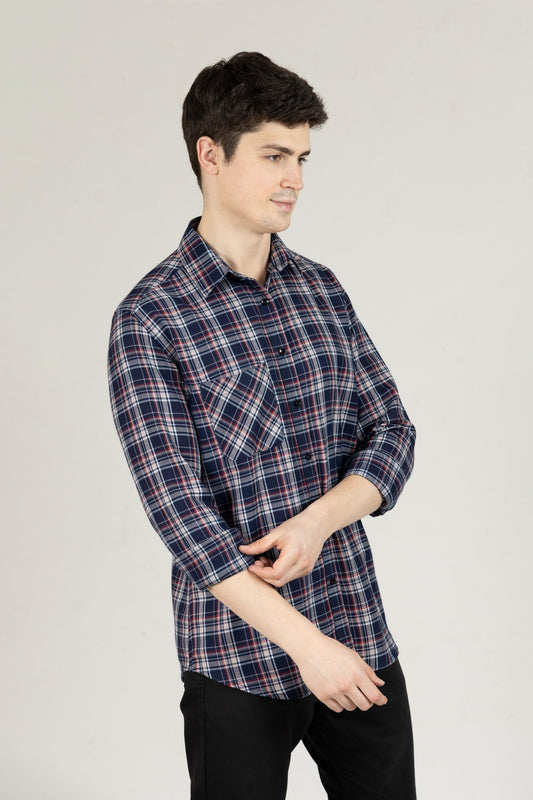 Navy Pink Checks Shirt in Cotton with Single Pocket - OZMOD