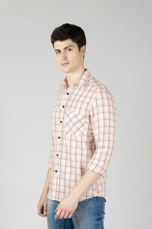 Pink Checks Men Shirt in Cotton with Single Pocket - OZMOD