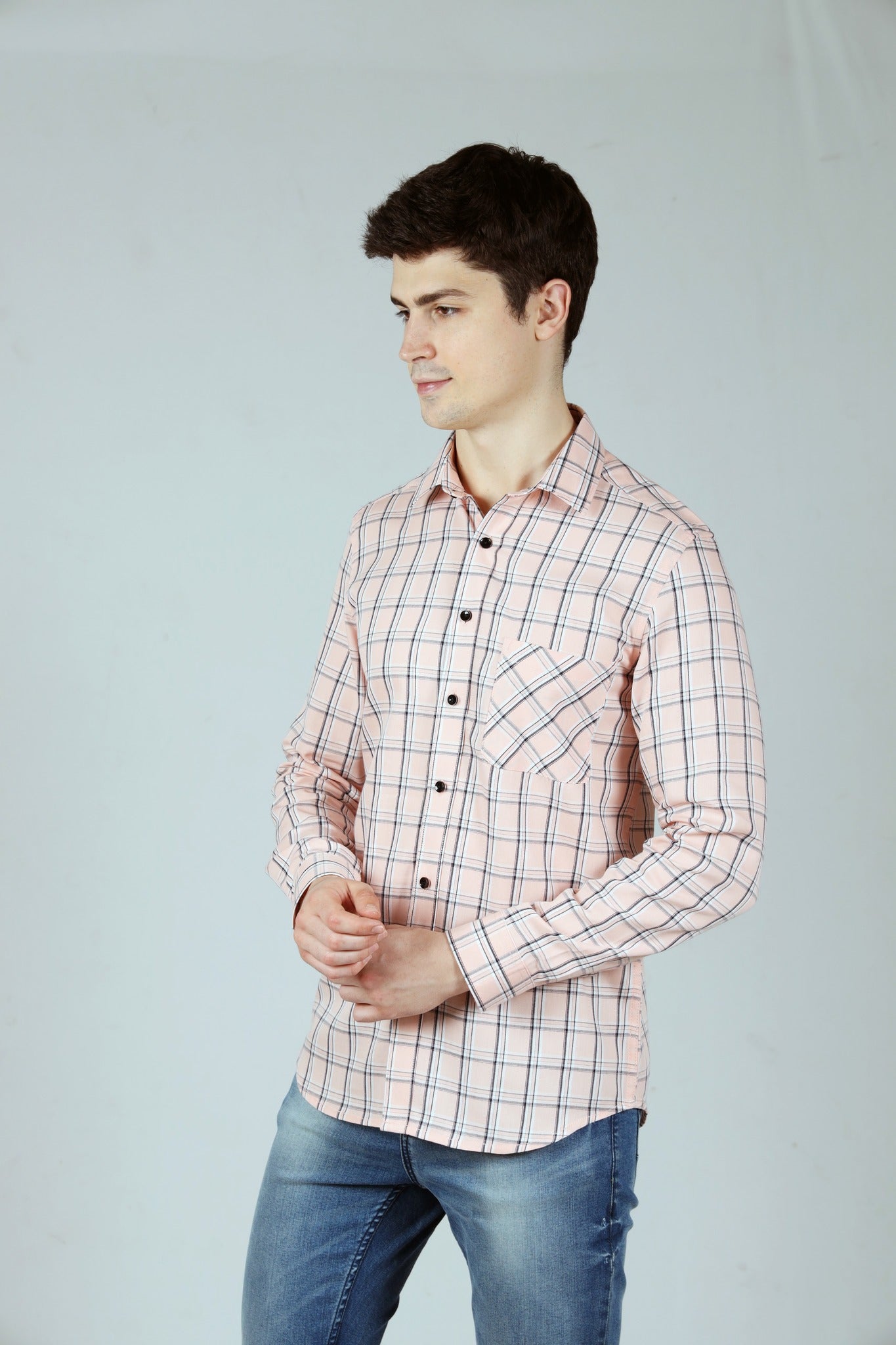 Pink Checks Men Shirt in Cotton with Single Pocket - OZMOD