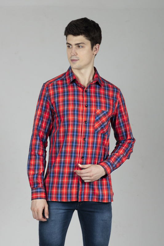 Orange Tapered Shirt in Checks Cotton with Single Pocket - OZMOD